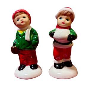 Set of 2 Vintage Christmas Figures Snowy Girl and Boy 3in